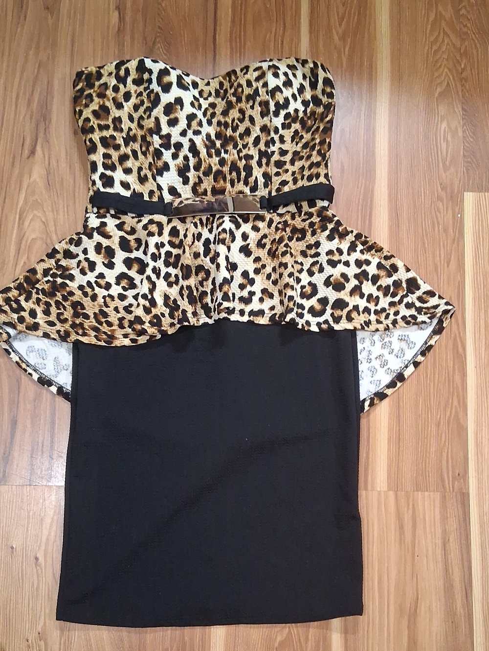 love J Leopard Peplum Strapless Top with Black Skirt